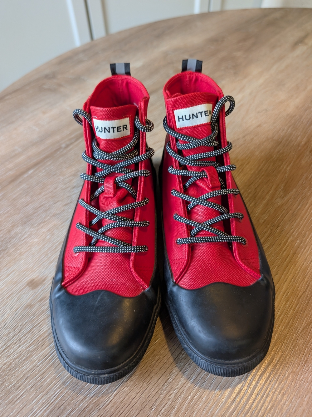 Hunter Men's Red Canvas High-Top Boots with Black Rubber Toe